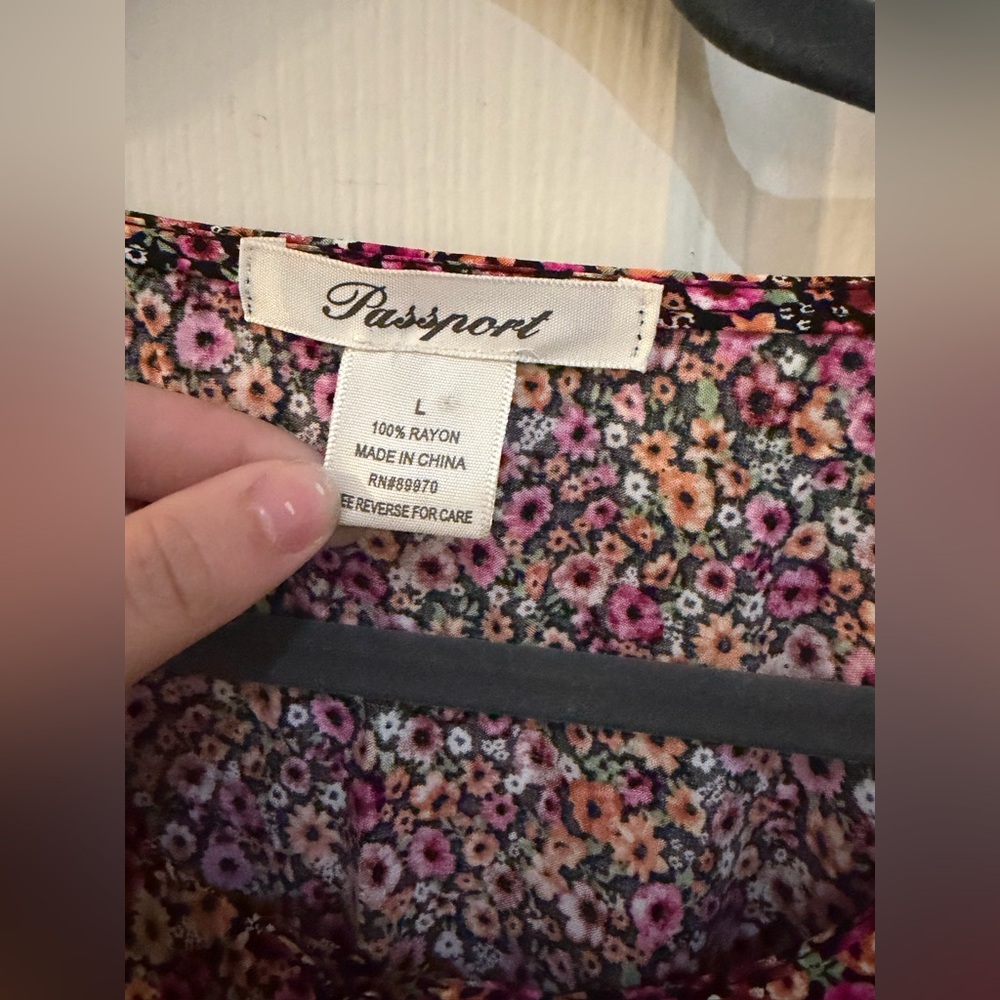 Passport Floral Mini Dress Size L Boho Cottagecore Rayon Pink Orange Black - Picture 4 of 8